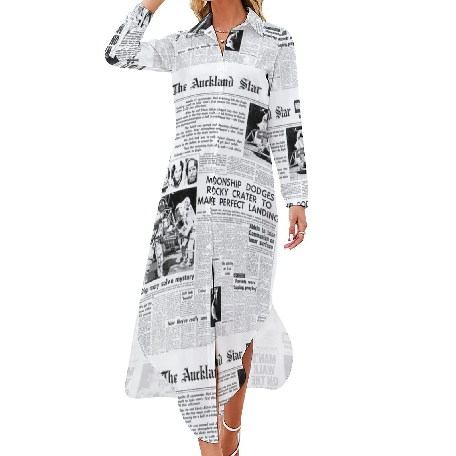 Newspaper Headlines Chiffon Dress Historic Moon Landing Elegan Dresses Autumn V Neck Graphic Big Size Long Sleeve Casual Dress