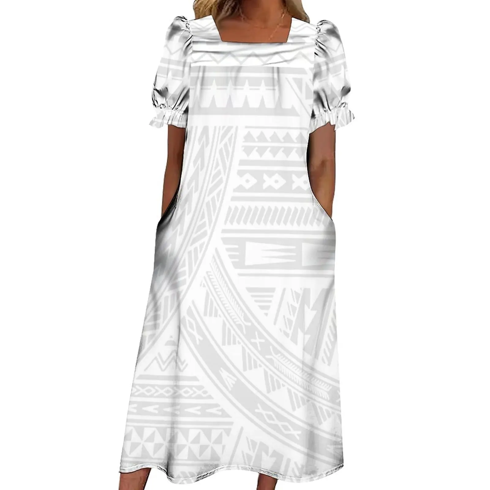 New Wholesale Customize mother day Micronesian Mumu Dress Polynesian Square Collar Puff Sleeve Midi Puffy White Dress  Womens El