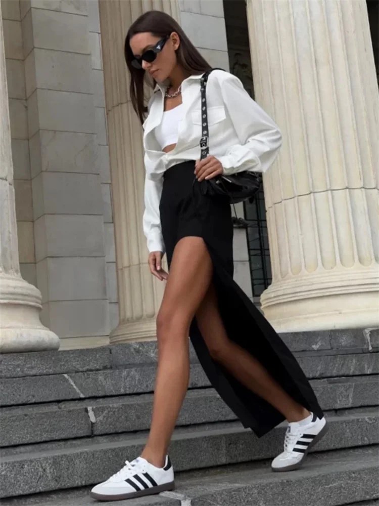 Black High Waist Long Skirt for Women Summer Fashion Side Split Patchwork Streetwear Y2k Sexy Maxi Skirt for Ladies 2025