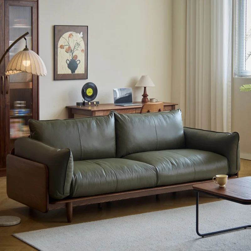 

Solid wood sofa New Chinese oak leather sofa Nordic living room small apartment furniture Log straight row fabric sofa