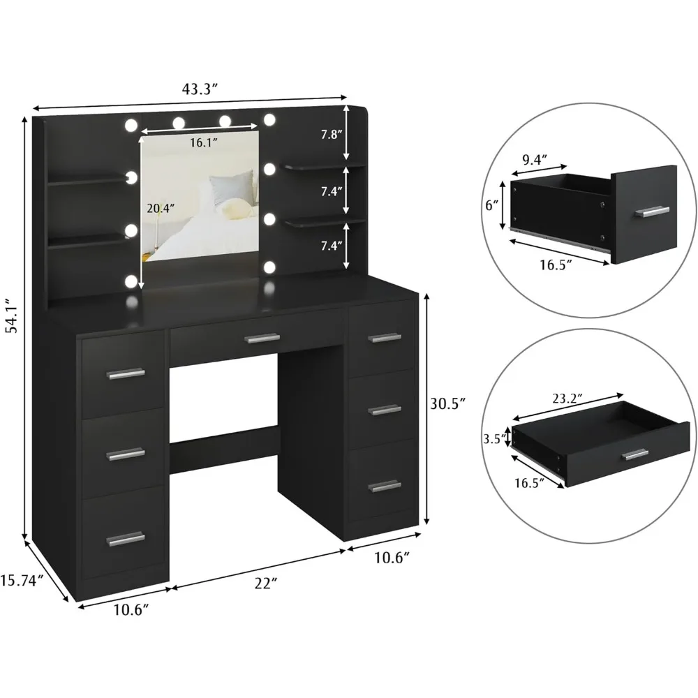 Vanity Desk with Mirror Power Outlet and 10 Lights Makeup Table with 7 Drawers 3 Color Modes Available image 6