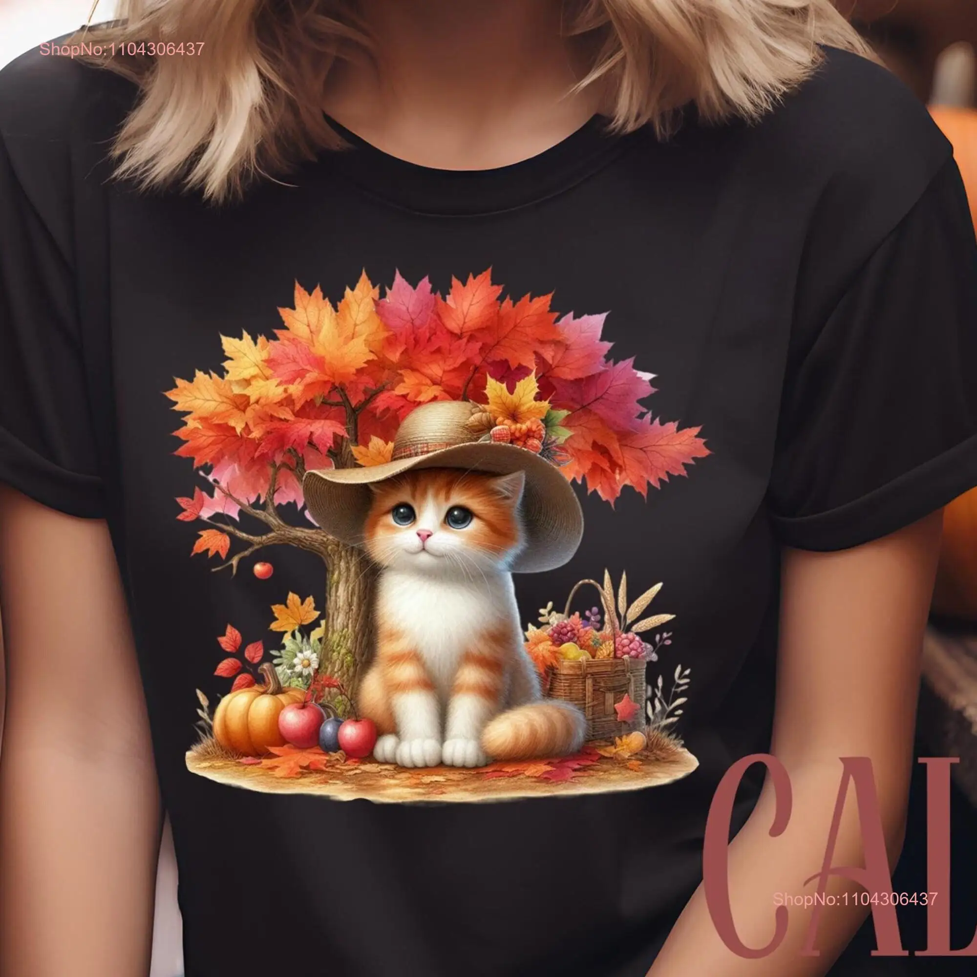 Harvest Kitten T Shirt Cat in Sun Hat SweaT Fall Leaves and Fruits Pretty Colorful for Lover long or short sleeves