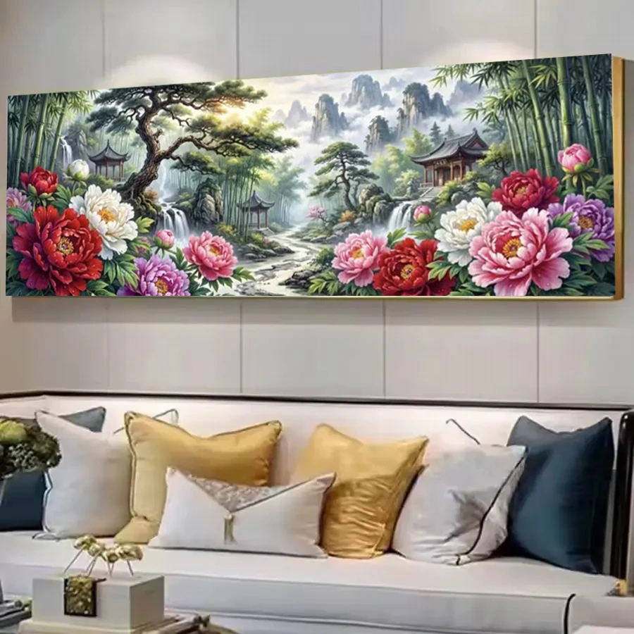 

Набор для алмазной вышивки: Алмазная мозаика «Цветущие пионы в бамбуковом лесу» с пейзажем павильона и сосен, полная выкладка