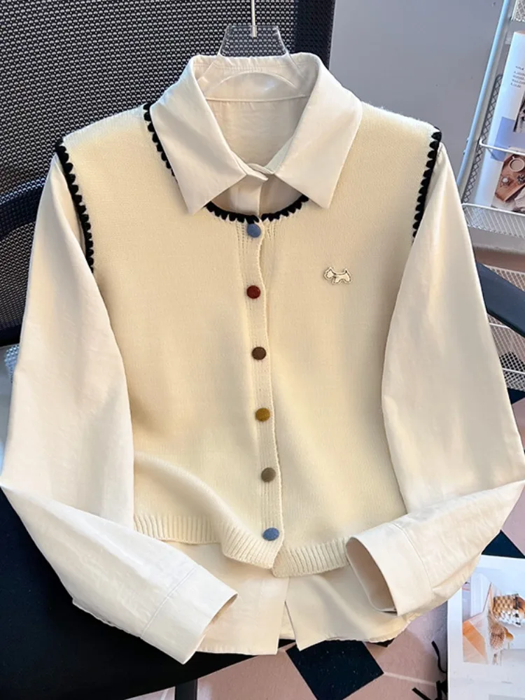 

Women's Knitted Vest Top And Long Sve irt Two-Piece Set Self-Kee Sle Color Blo Design Loose Fit Autumn Outfit