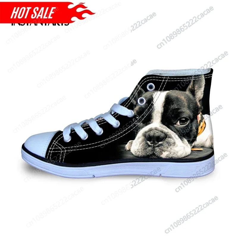 

2021 Fashion High-Top Canvas Shoes for Women Cute 3D Black French Bulldog Flat Shoes Ladies Lace-up Vulcanized Shoes