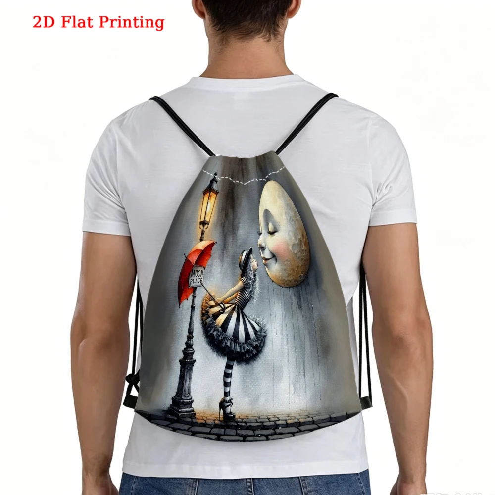 Surreal Art Moon & Umbrella 2D Print Drawstring Backpack, Fitness Sports Outdoor Travel Bag