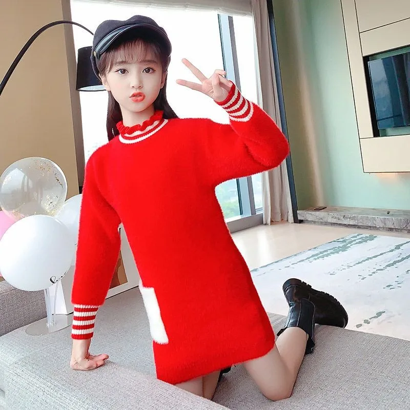 Mink Fleece Lined Sweater for Girls Thickened Winter Kids Knit Base Stylish Thermal Underwear for Tween Girls Autumn Winter