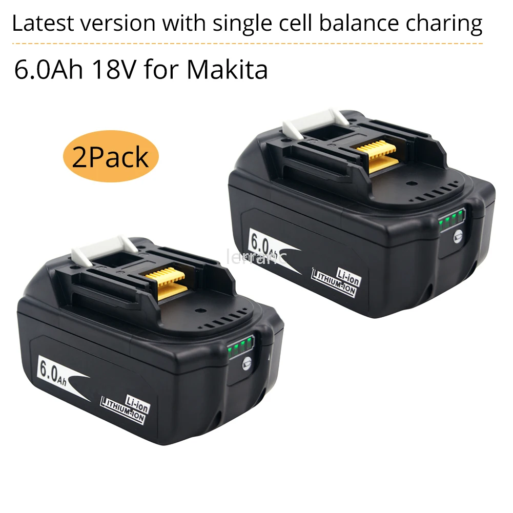 2 Pack Power Tools Battery for Makita 18V Battery 6ah 6000mAh BL1860 Bl1850 BL1840 BL1830 LED Light Balance Charging Safeguard