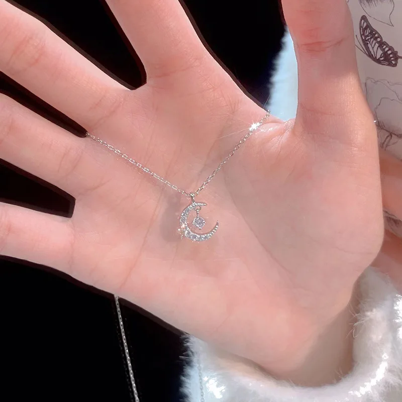 Exquisite 925 Silver Star and Moon Zircon Pendant Necklace – Stylish and Elegant Wedding Accessory for Women