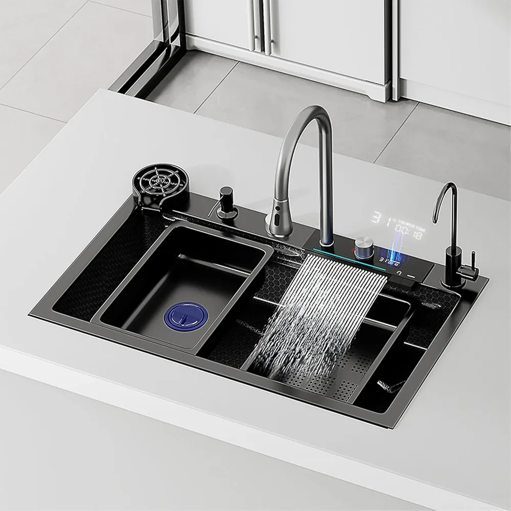 

Kitchen sink, 31.5 * 117.7 inch waterfall style - embedded, 304 stainless steel intelligent black, nano coating, kitchen sink