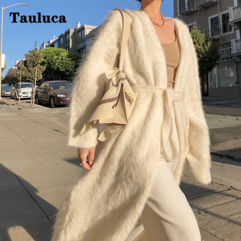 New Autumn Winter Korean Women's Alpaca Hair Trench Coat Bathrobe Wind Tie Hairy Female White Long Windbreaker Outwear Cardigan