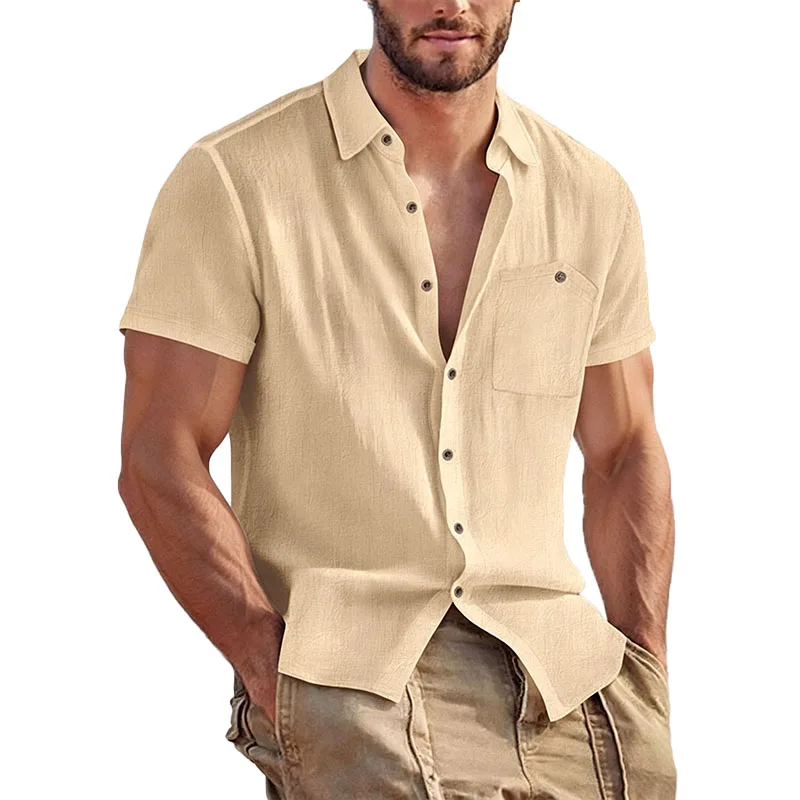 Camisa Masculina de Linho com Manga Curta e Botões, Casual, para Praia, com Bolso no Peito, Respirável, Leve, para o Verão.