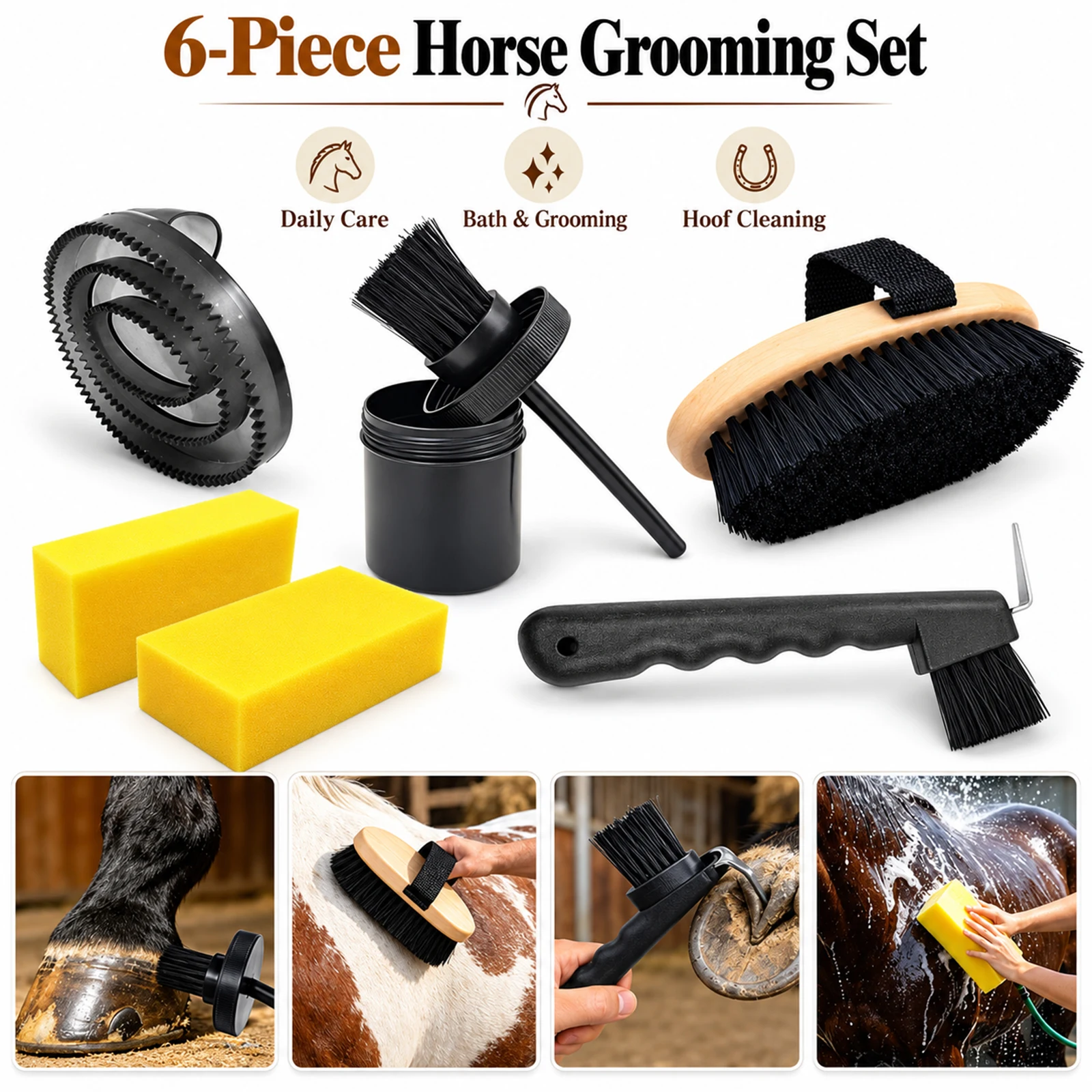 6 Piece Horse Grooming Kit Hoof Pick Curry Comb Bath Sponge Horse Care Cleaning Tools Set Equestrian Supplies