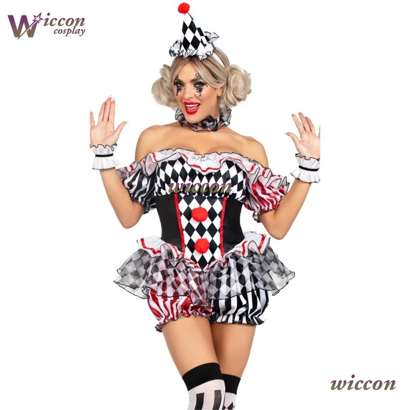CosC Women Clown Cosplay Costume Circus Performance Outfit RolePlay Halloween Party Carnival Jester Dress Theater Stage Suit‌