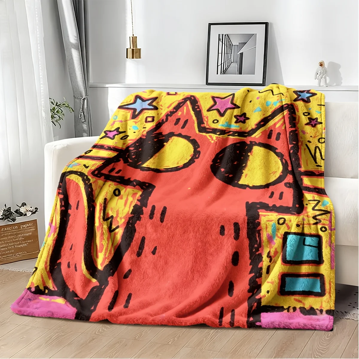 Huge Pop Art Fox Face Throw Blanket for Couch Bed Decor 150x230cm Plush Fleece Cartoon Style