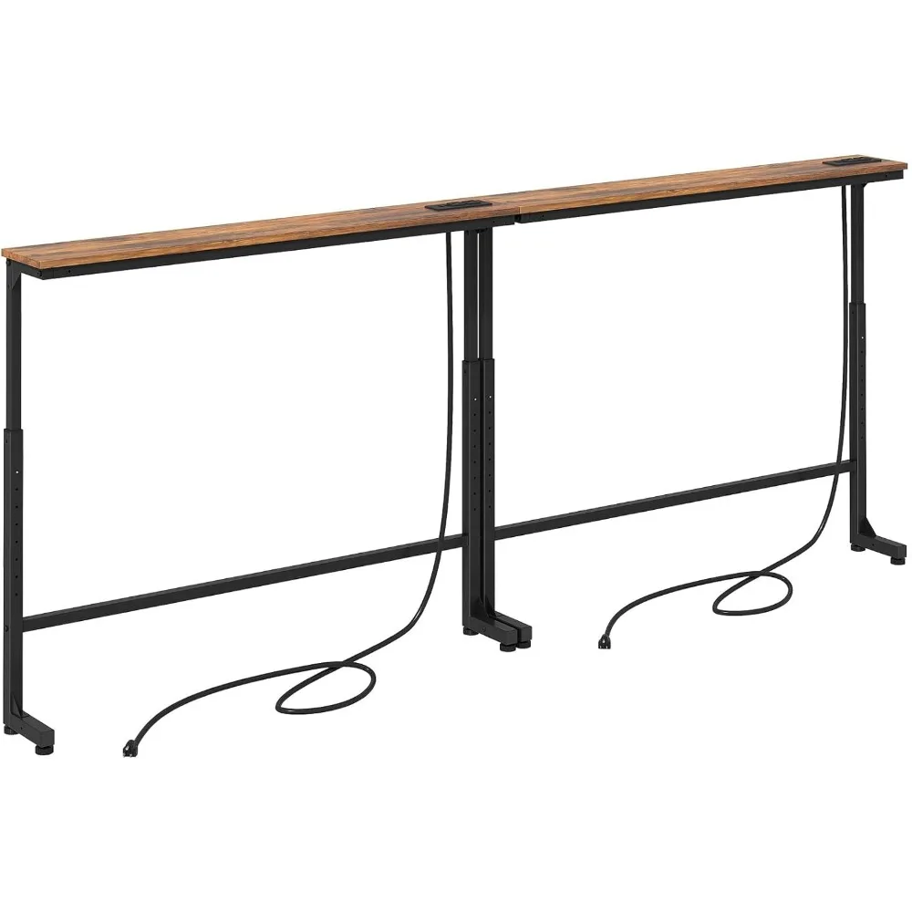 

2-Pack Narrow Console Table with Adjustable Height (25"-33") & Power Outlets, Rustic Brown Sofa Table for Behind Couch or Wall,