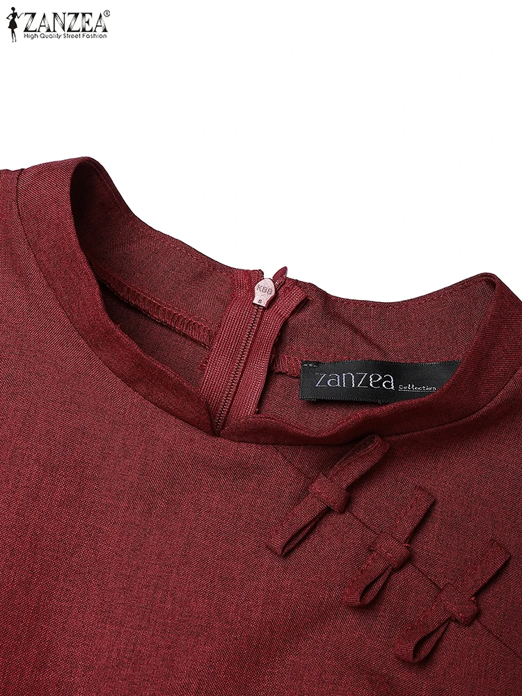 ZANZEA Ethnische Print Patchwork Elegante A-Line Kleider Frau Böhmischen Vintage Stehkragen Kurzarm Knie-Länge Roben Femme