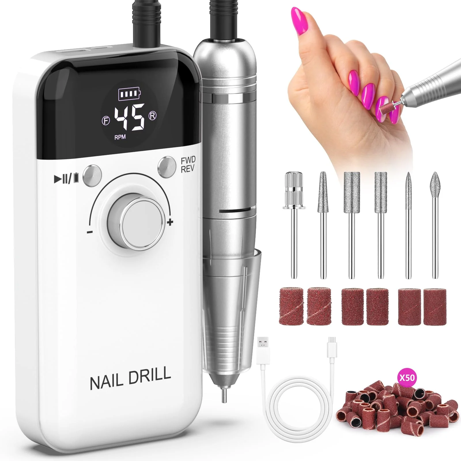 

Electric Nail Drill Professional: 45000 RPM Portable Rechargeable Nail Drills Machine with 6 Bits, Drill para Uñas E File for Ac