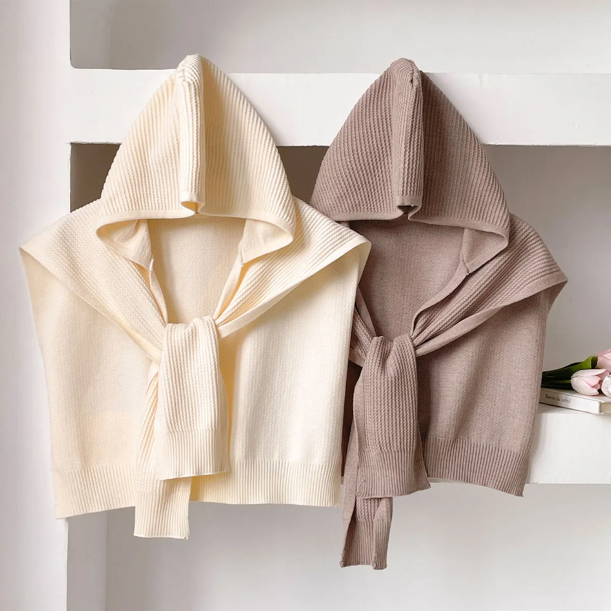 

2025 новейшая однотонная вязаная шаль, летняя вязаная шапка с капюшоном и кондиционером, тонкая завязанная накидка, шарф на плечо для женщин