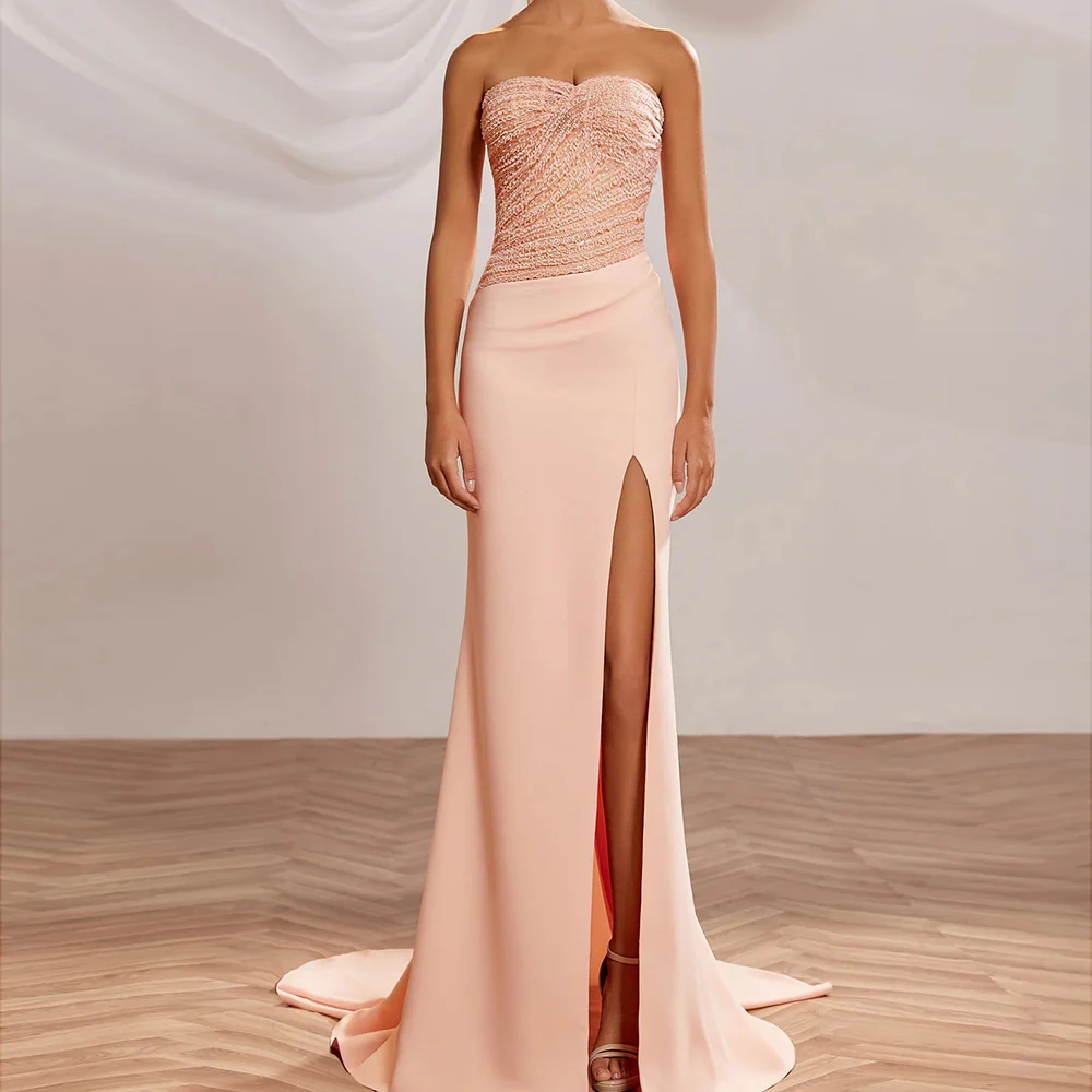

Customized Mermaid Evening Dresses Floor-length Strapless Sleeveless Prom Gown Fashion Sequined Simple Draped Casual Party Gown