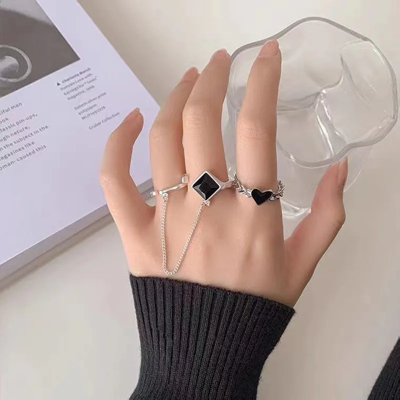 New Fashion Silver Color Open Finger Ring Geometric Black Stone Punk Stackable For Women Girl Jewelry Gift Dropship Wholesale image 4
