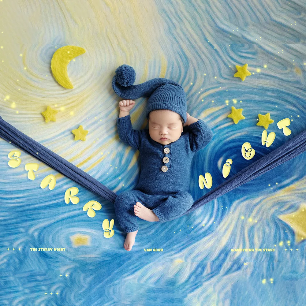 ภาพวาดที่มีชื่อเสียง Starry Night Baby ถ่ายภาพพื้นหลังเครื่องแต่งกายเด็กถักแขนยาว + หมวกหางยาวชุดถ่ายภาพ