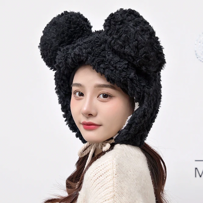 Winter Women Warm  Plush Thickened Cute Bear Hat Imitation Cashmere Girl Outdoor Cartoon Hat Interesting And Novel Coffee