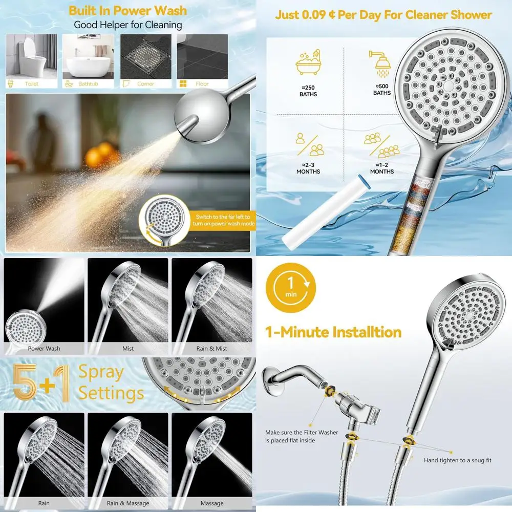 

Съемная насадка для душа с 6 наборами и фильтрацией, 6-дюймовая, высокая чистота, хромированный смягчитель для твердой воды, функция силовой стирки