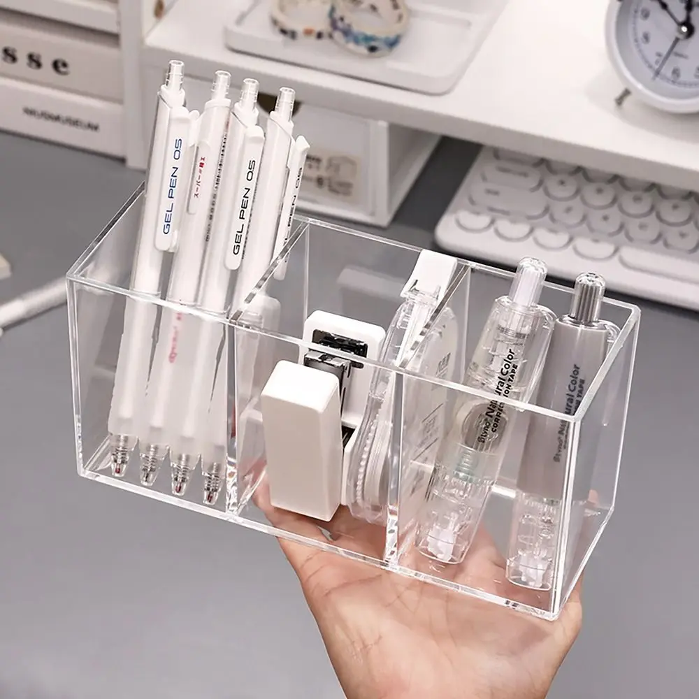 3 Grids Pen Holder Large Capacity Transparent Pencil Container Desk Stationery Storage INS Style Makeup Brush Box Students