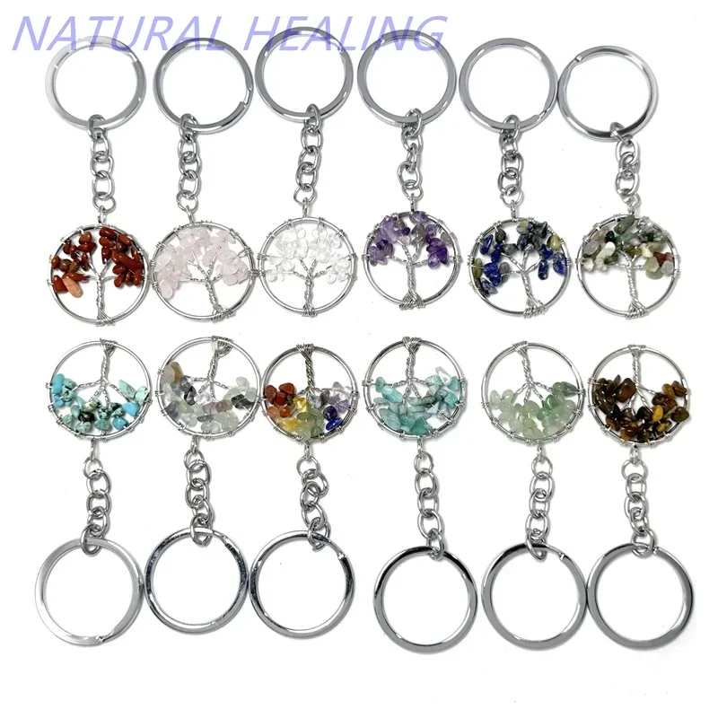 10pcs Women Natural Chip Quart Stone Bead 30mm Heart Round Tree of Life Keychains Lanyard Wholesale Key Rings