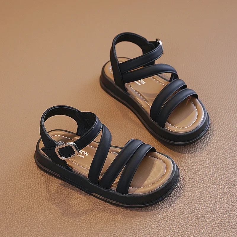 2024 Girl Sandals Summer Fashion Children Causal Beach Shoes Solid Color Kids School Thick Bottom Flat Sandals Open-toe Non-slip