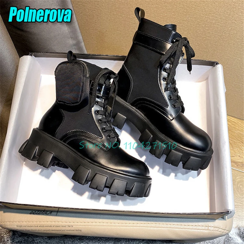 Fashion Pocket Strap Thick Soled Motorcycle Boots for Women Round Toe Platform Lace-Up Short Boots Spring Autumn Female Shoes