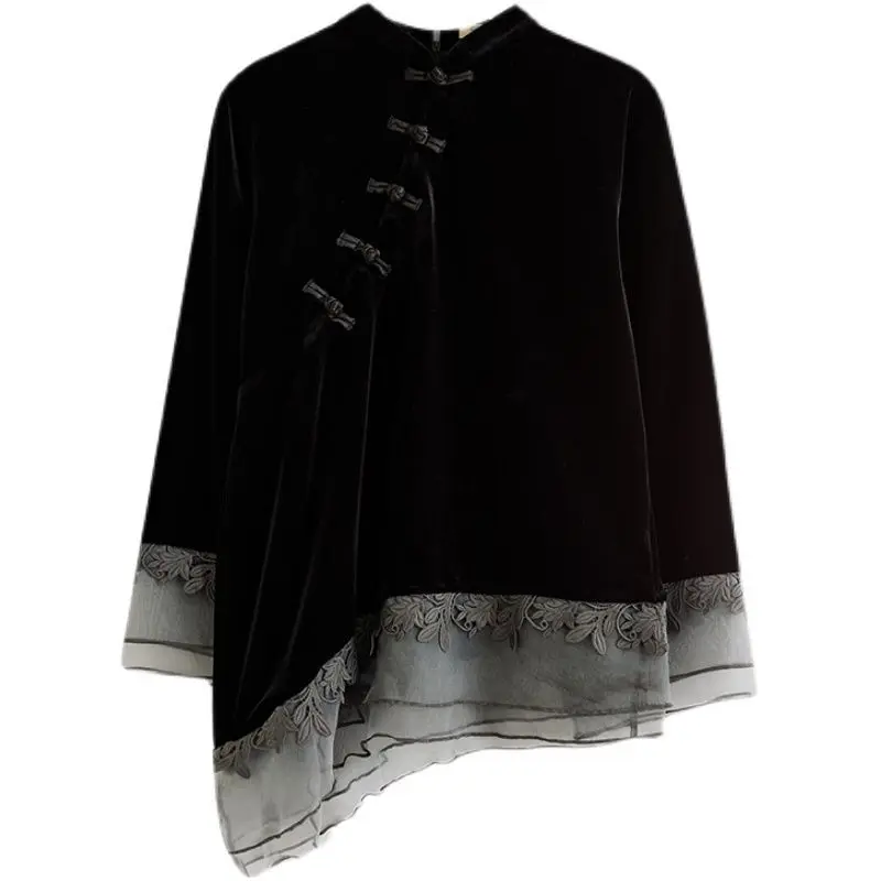 2023 New Spring and Autumn Chinoiserie Style Stand Collar Button Slant Placket Lace Jacquard Long Sleeve Velvet Cheongsam Top