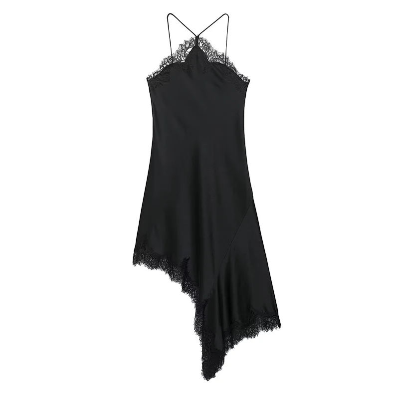 Frauen Sexy Spitze Satin Neckholder Langes Kleid Asymmetrischem Saum Kleid Neue 2025, Sommer Mode Urlaub Party Strand Kleider