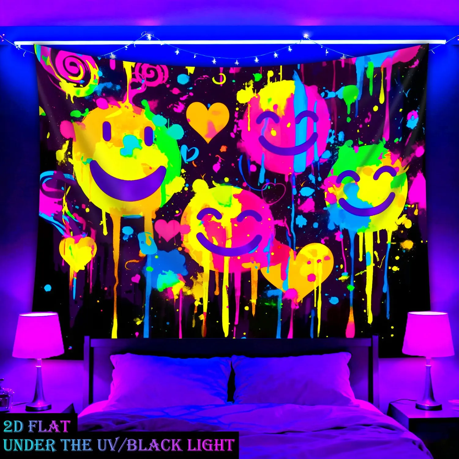Vibrant Blacklight UV Reactive Smiley Face Tapestry Wall Hanging Neon Pop Art Psychedelic Boho Room Decoration Polyester Mesh Ba