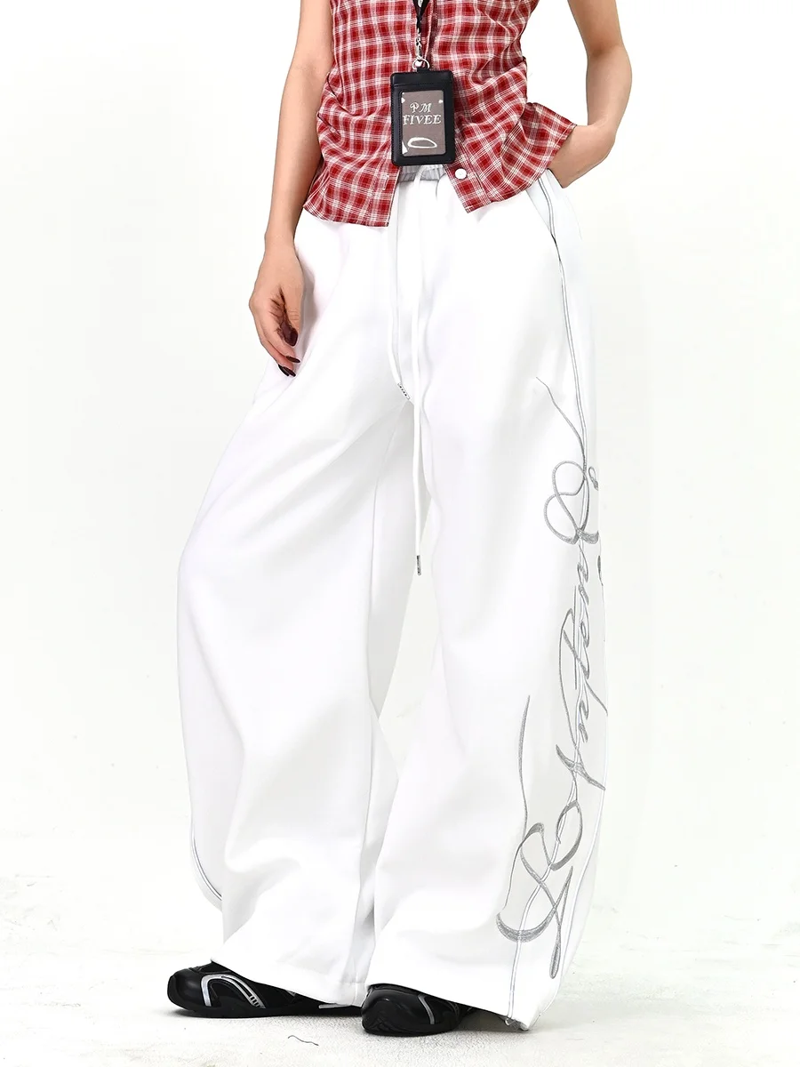 

Женские повседневные брюки с вышивкой и светоотражающими элементами, свободные, в американском ретро-стиле, с широкими штанинами, удобные, с завышенной талией, прямого кроя