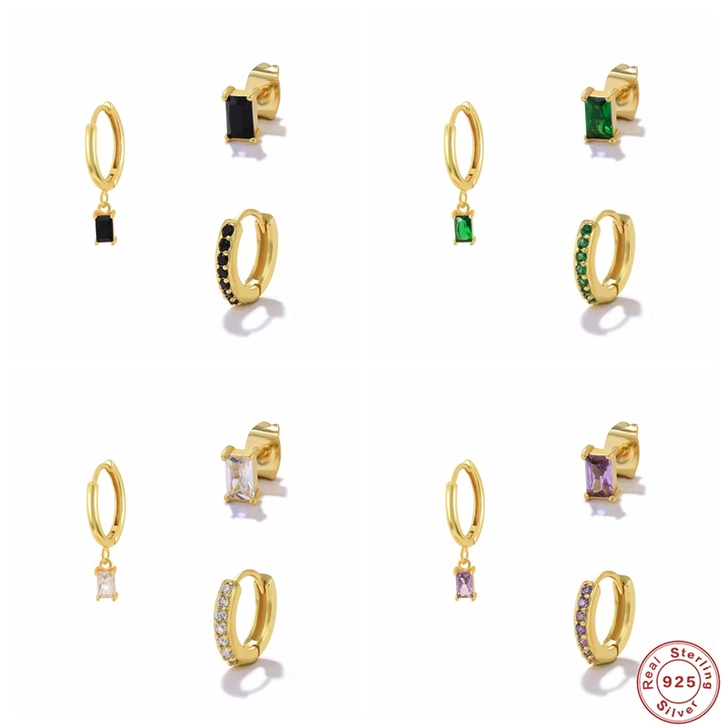 LENNIK-pendientes de aro de Plata de Ley 925 para mujer, aretes colgantes de circonita negra, Piercing chapado en oro de 18K, conjunto de joyería de