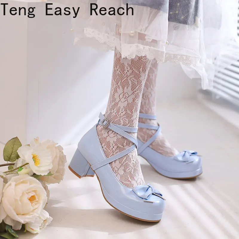 Glossy Patent Leather Lolita Shoes Women Black Blue Beige Bride Wedding Party Strappy Platform Mary Janes Pumps Ankle Strap Heel