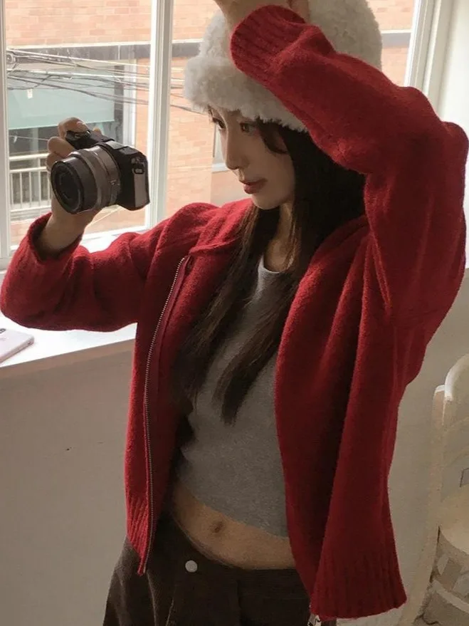 

Женская зимняя шапка Thiened, толстовка в Корейском стиле Sle Faion, простой красный открытый кардиган с капюшоном, теплая верхняя одежда для девочек