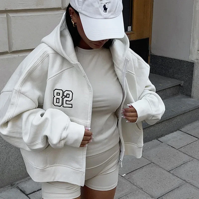 Casual Loose Zip Up Hoodies Women Autumn Winter White Hood Shirt Y2K Harajuku Streetwear Jacket Vintage Sweatshirts Kpop Hoodie