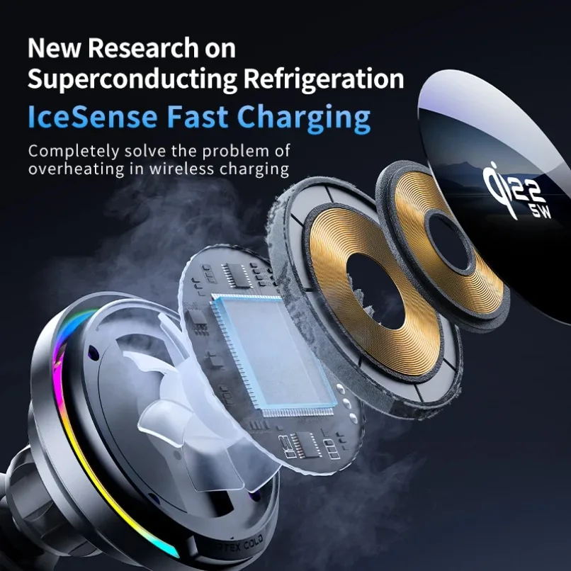 360° Rotate Cooling Qi2 25W Magnetic Car Wireless Charger Holder RGB Light Stand For Magsafe iPhone 17 Pro Max Samsung S26 Ultra view 4