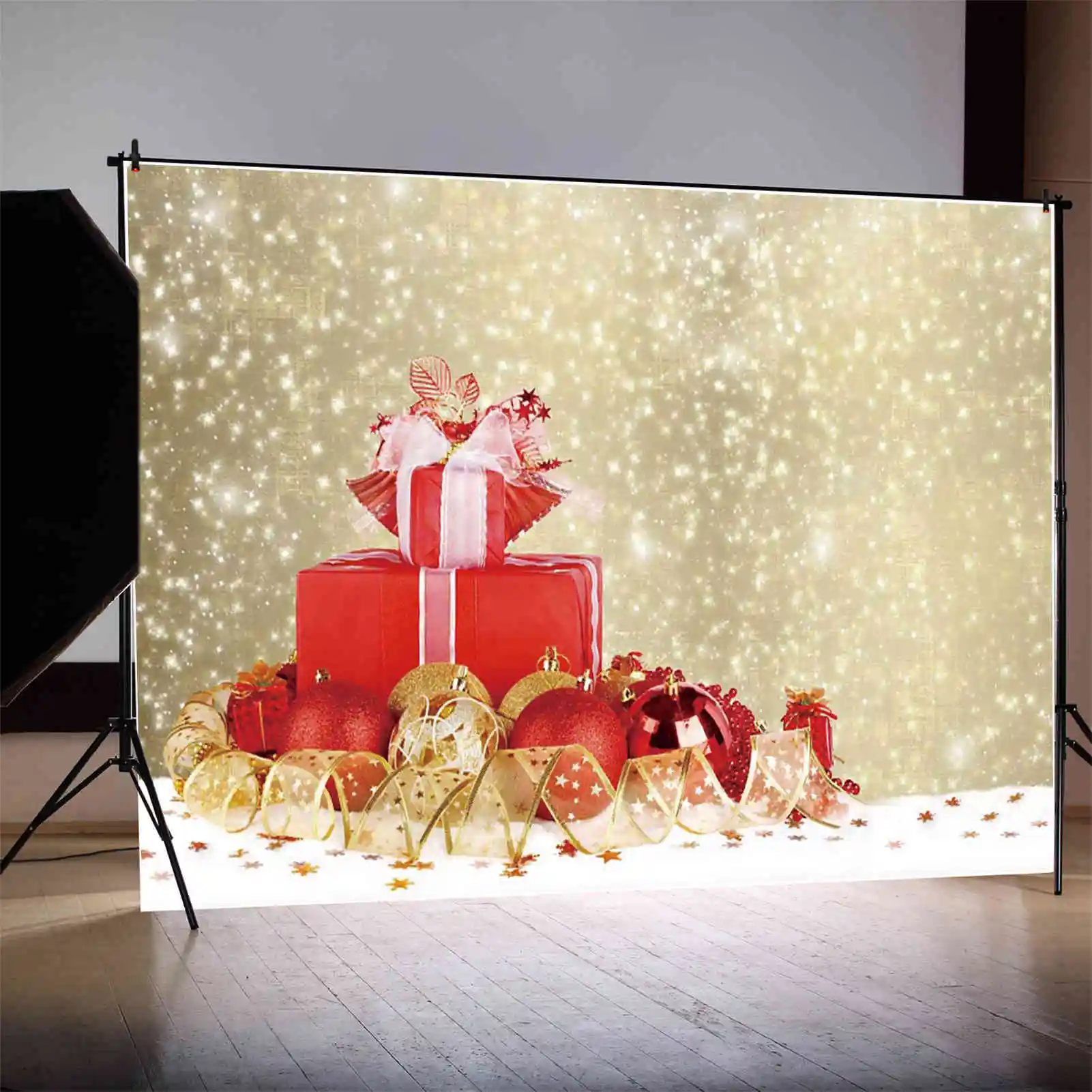 MOON.QG Snowy Christmas Background Photography Light Baubles Suspend Photocall Backdrop Children Studio Photobooth Accessories