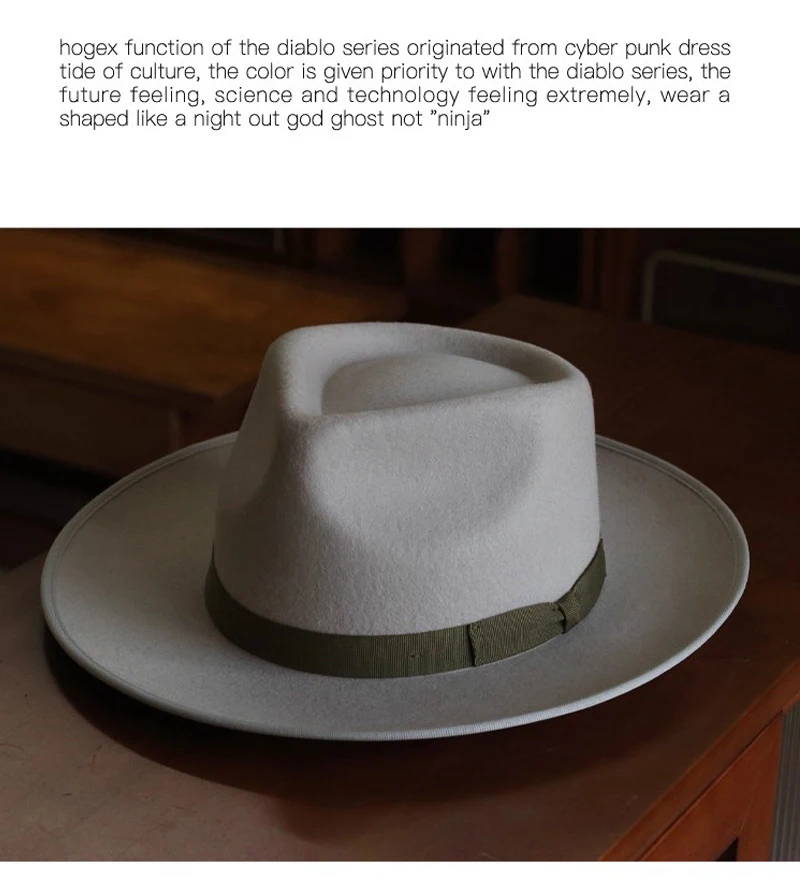 Handmade Wool Felt Hat,Wide Brim Felt with Green Belt Decoration Gray Color Panama Boho Jazz Hat for Burning Wedding Tea Party