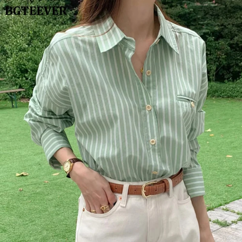 

BGTEEVER Elegant Cotton Women Striped Shirts Tops Spring Summer Fashion Loose Single-breasted Female Blouses Casual Ladies Blusa