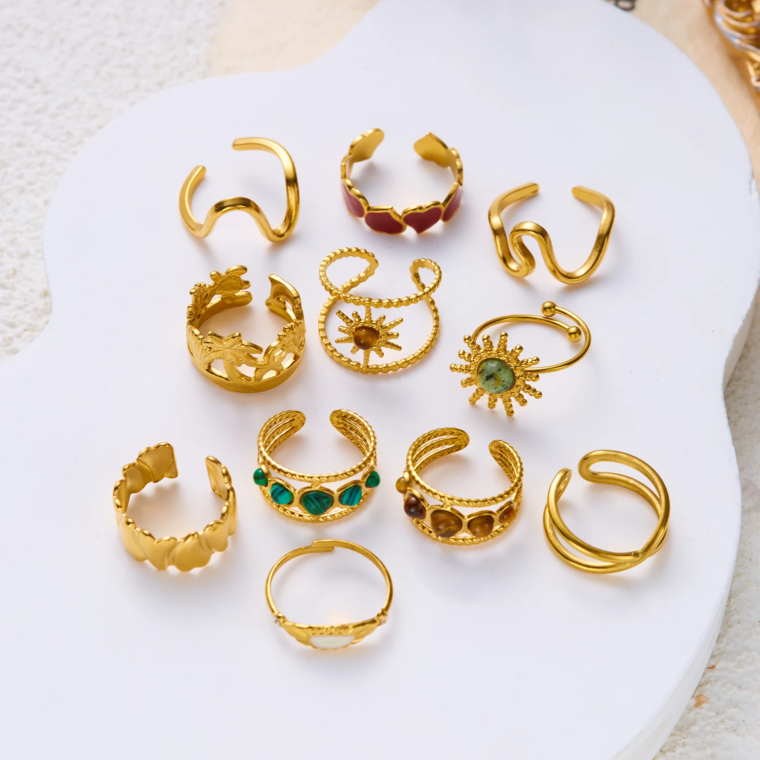 Stainless Steel Vintage Sun Coconut Tree Starfish Rings For Women Red Heart Tiger Eye Stone Stackable Finger Ring Party Jewelry