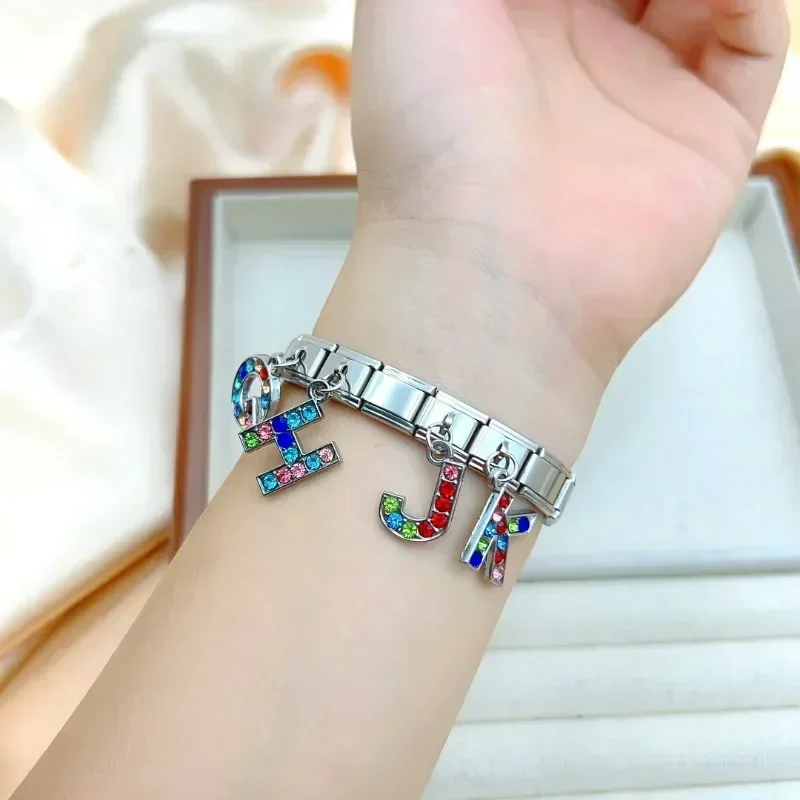 CONCEPT 2024 New Fashion Colorful Rhinestone Letters Charm Italian Modular Links Fit 9mm Bracelet Making Women DIY Jewelry