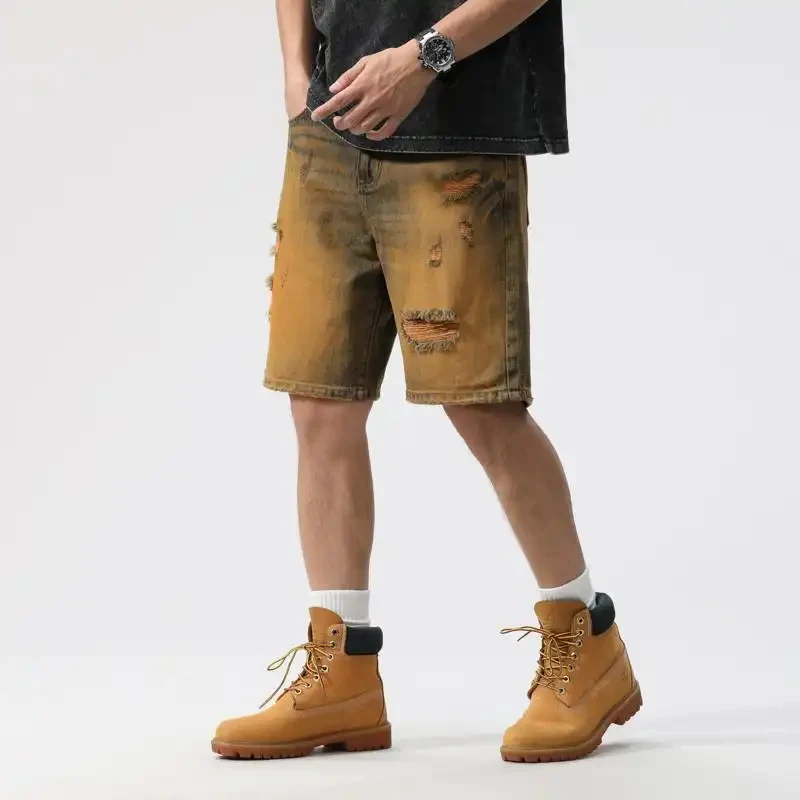 

Summer Fashion 2026 Stylish Ripped Denim Pants For Men, Loose Straight Cut, American Vintage Style, Casual Knee-Length Shorts, S