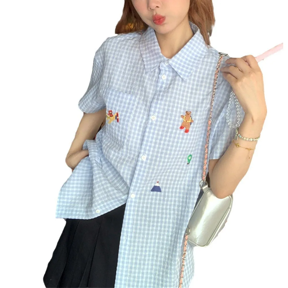 Polo Collar Plaid Short-sleeved Shirt Female 2024 Summer Blouse Cartoon Embroidery Loose Casual Shirt Outer Top Women\'s Clothing