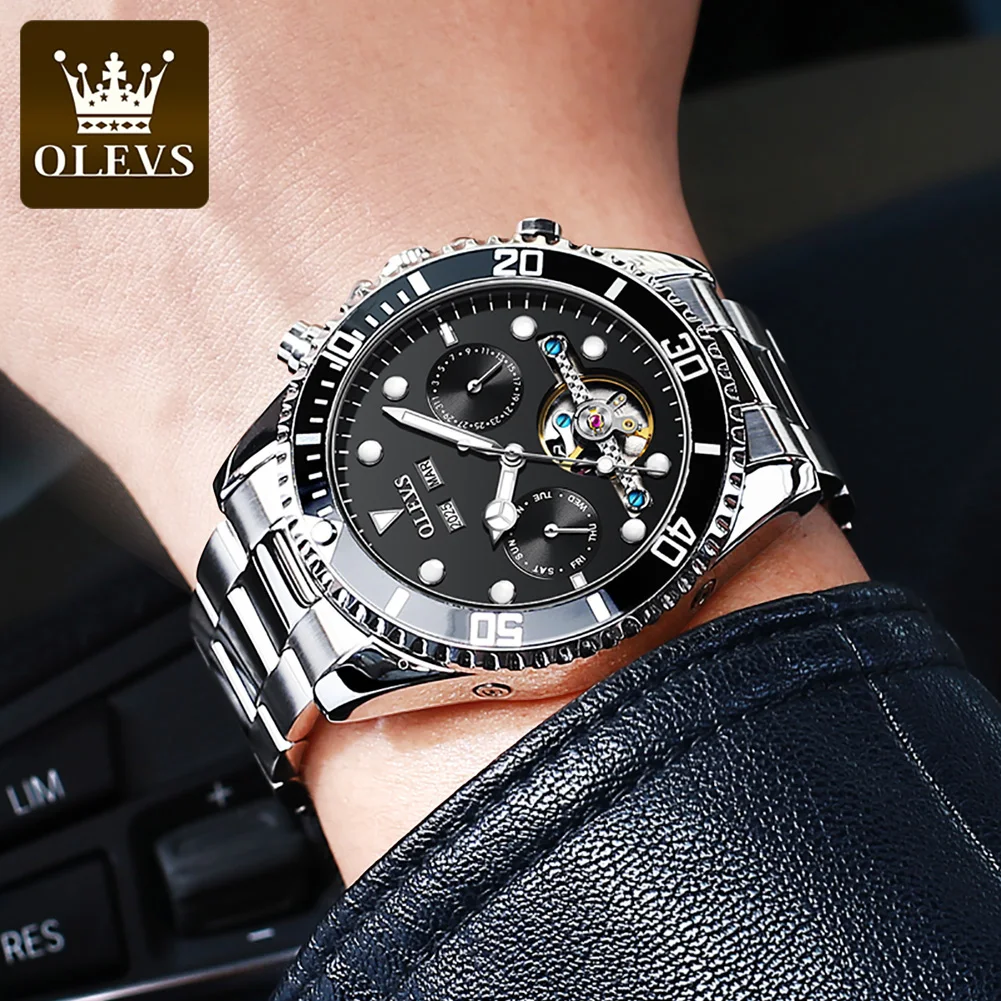 OLEVS 6605 Luxury Top Brand Automatic Watches for Men Skeleton Flywheel One-Way Rotation High end Mechanical Men\'s Wrist Watches