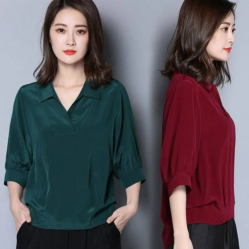 Summer Drape Temperament Tops Ladies Fashion Pullovers Solid Color Interior Lapping Women\'s Clothing Casual 3/4 Sleeve T-Shirts